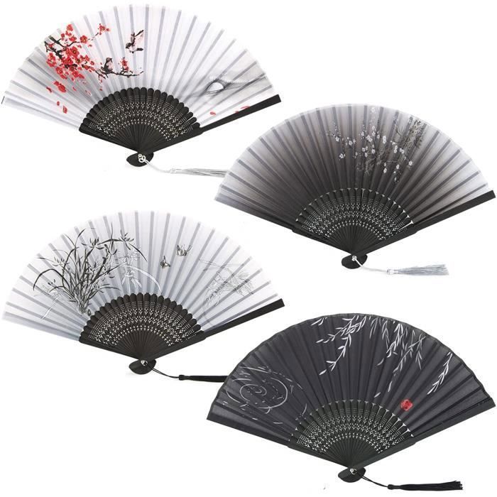 Lot De 4 éventails Pliants En Bambou Et Tissu – Style Ancien, Noir, Pour Femme