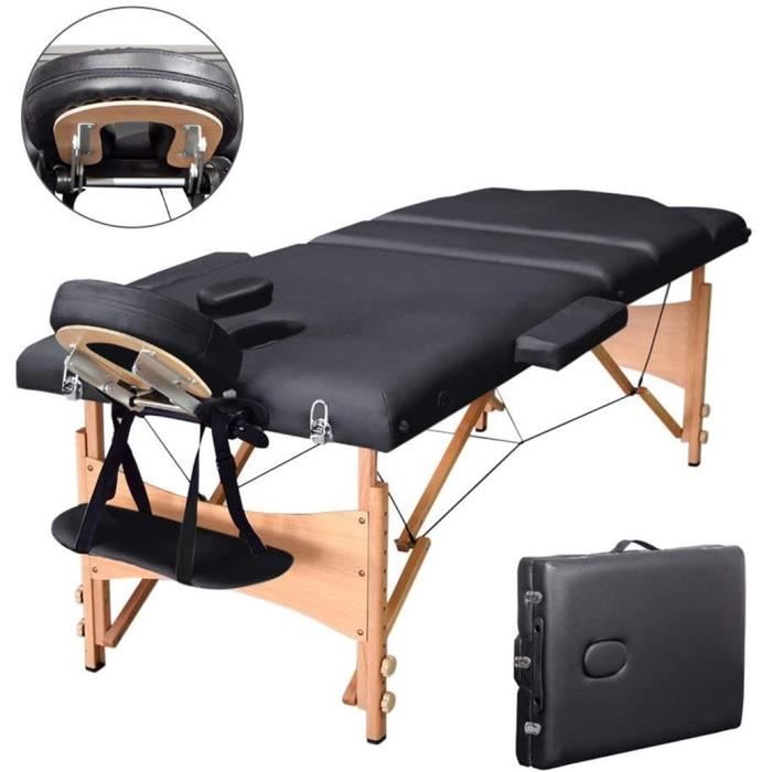 Vesgantti Table de Massage Pliante en Cadre Bois Lit Cosmétique Professionnel 3 Zones avec Housse de Transport - Noir