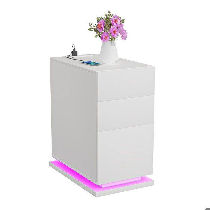 Table De Chevet Avec Bande LED Hzuaneri - 2 Tiroirs, Compartiment Ouvert, Dimensions 30x40x60 Cm - Blanc