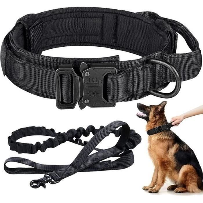 Collier de Chien Tactique Réglable avec Poignée et Boucle en Métal, Ensemble Collier et Laisse pour Chiens Moyens et Grands, Noir XL