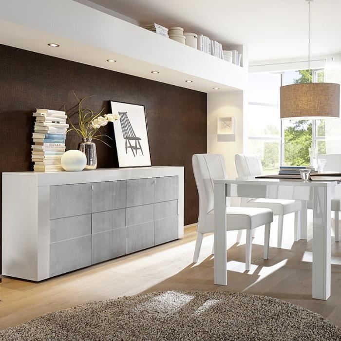 Salle à manger design blanc laqué et effet béton TUNIS 2 140 cm Avec 1