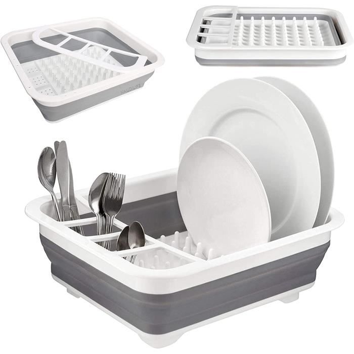 Égouttoir à Vaisselle Pliable 2-en-1 Silicone – Support Vaisselle + Couverts, Compact & Gain De Place, Gris Blanc 36x31 Cm
