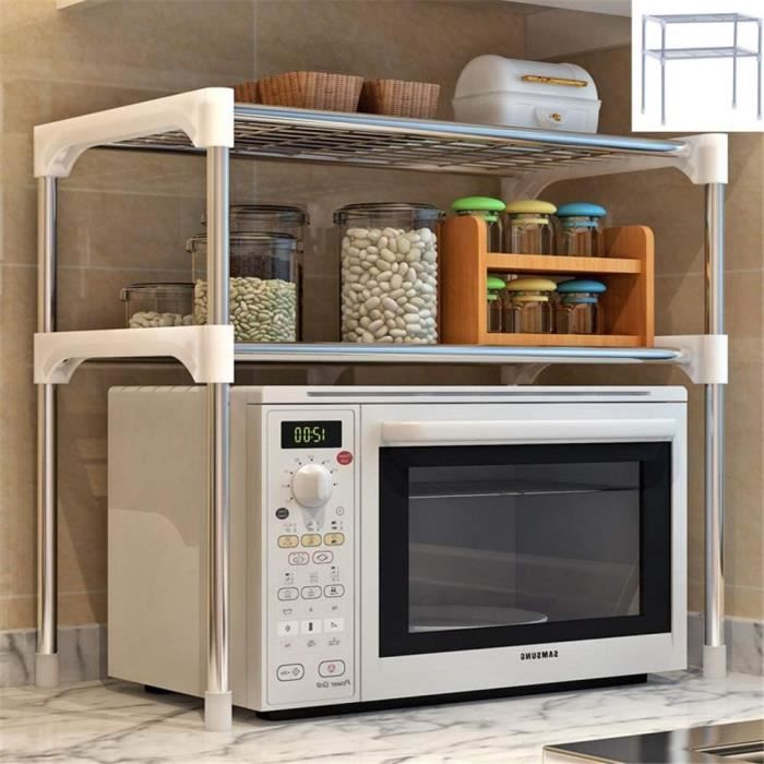 étagère de rangement pour micro-ondes à 2 niveaux - multifonctionnelle - en acier inoxydable - maille fine - argentée 679