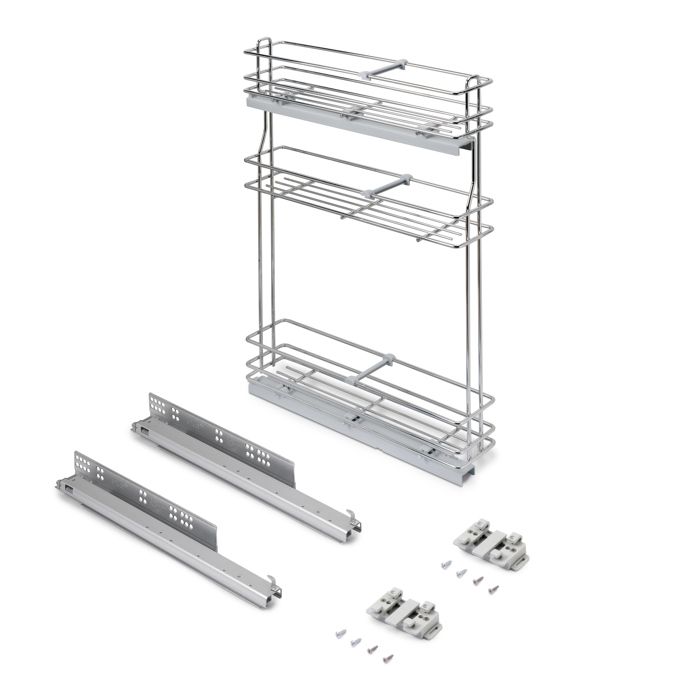 Emuca porte-bouteilles extractible SupraMax avec fermeture à amortie gauche 3 plateaux module 150mm Acier Chromé