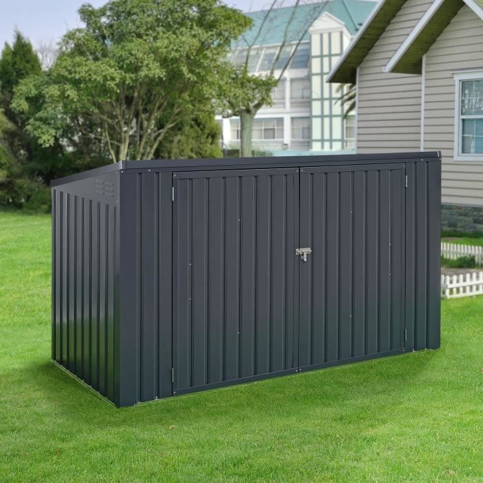 Cache poubelle Grebin avec toit rabattable pour 3 poubelles 237x101x131 cm