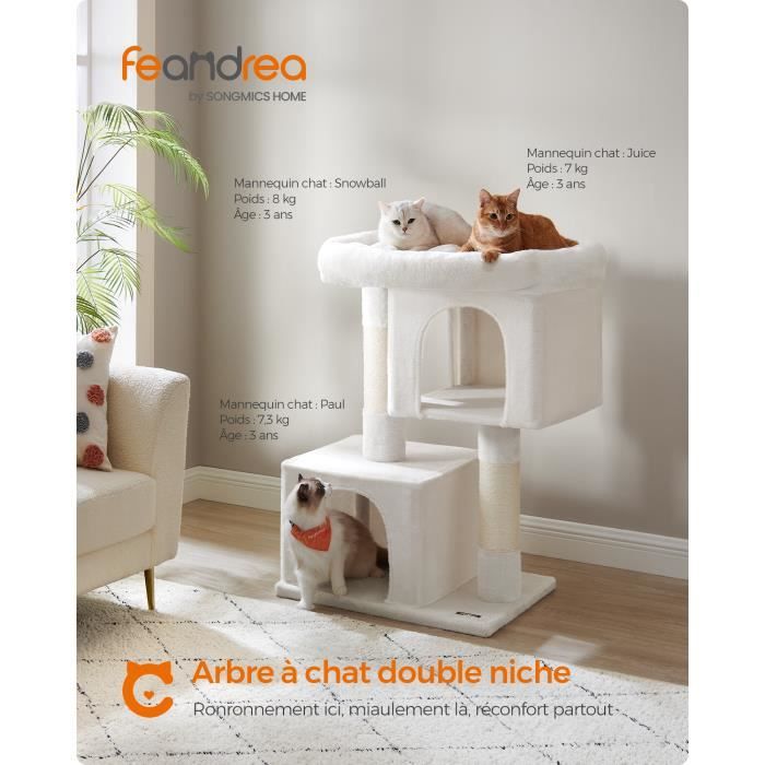 Arbre à Chat, Hauteur 101 cm, XL, Maison pour Chats Jusqu’à 20 kg, Grande Plate-Forme, 2 Niches, Griffoir, Blanc Crème