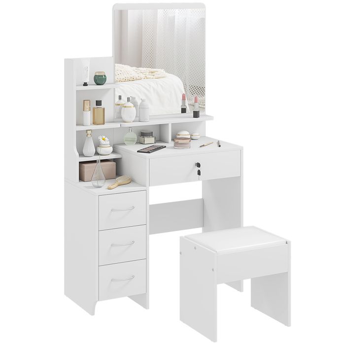 Ensemble de coiffeuse - HOMCOM - table maquillage tabouret rembourré grand miroir 4 tiroirs - bois - blanc