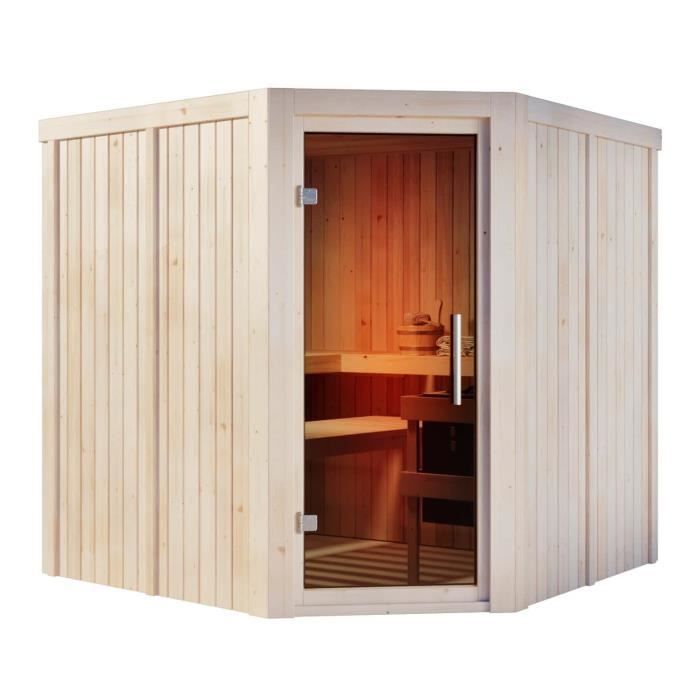 Sauna intérieur KARIBU Jarin avec entrée en coin 1x1m 68mm - 5 places - Épicéa nordique