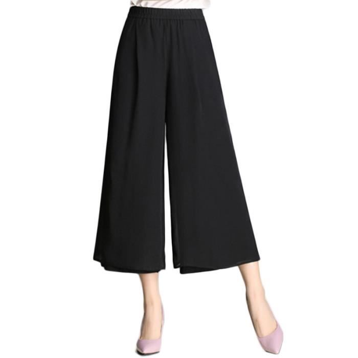 Pantalon 7 8 Femme Large Lache Mousseline Taille Haute Elastiquee Couleur Unie Noir2 Cdiscount Pret A Porter