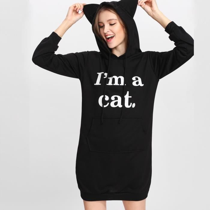 Femmes Robe Cat Oreille Solides Manches Longues Sweat A Capuche Pull Avec Capuche Mini Robe Noir Noir Noir Cdiscount Pret A Porter