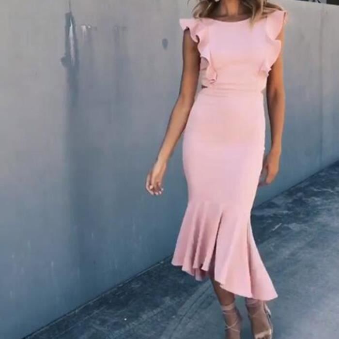 Femme De Couleur Unie Manches Diner Soiree Robe A Volants Rose Rose Achat Vente Robe Cdiscount