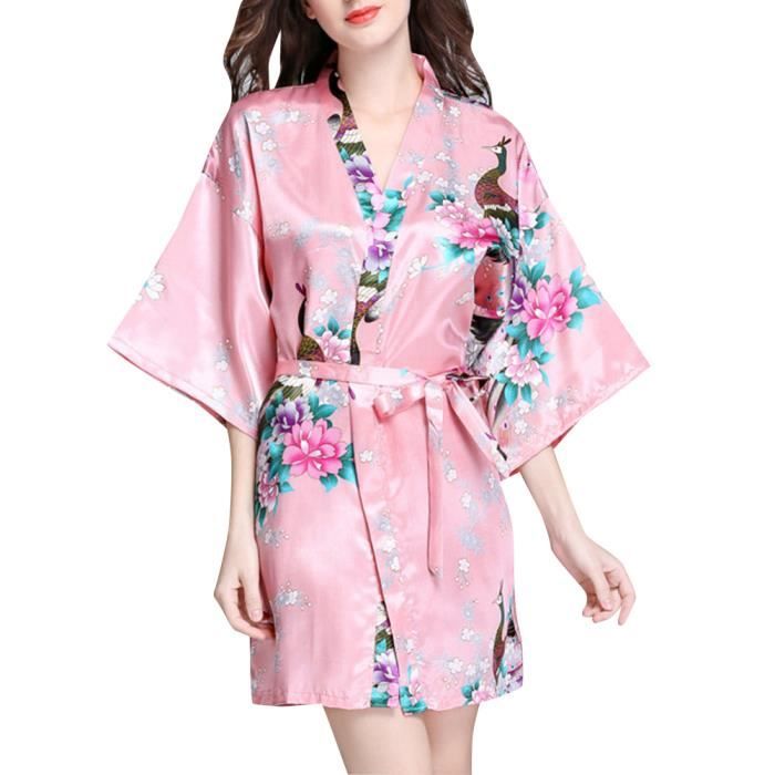 Kimono de Femme Robe de Chambre Chemise de Nuit Femme Fleurs Paon sous
