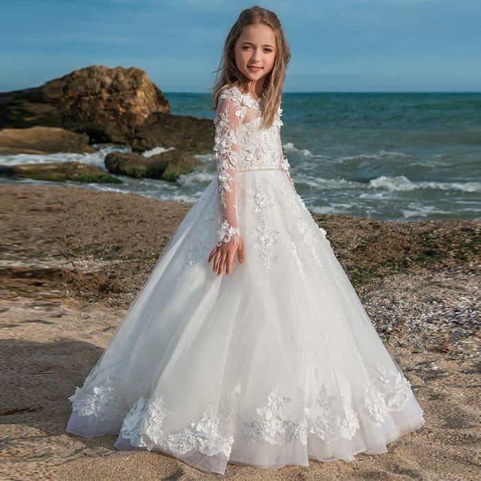 Robe de mariee Filles Princesse Manche longue Blanche Enfant Fille