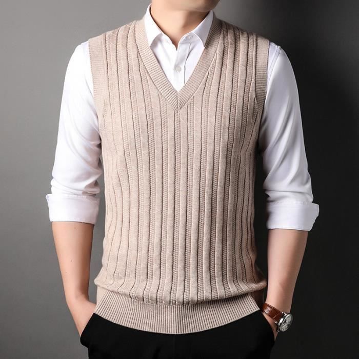 Gilet Homme rayure en Tricot Laine Coupe Standard Sans Manche