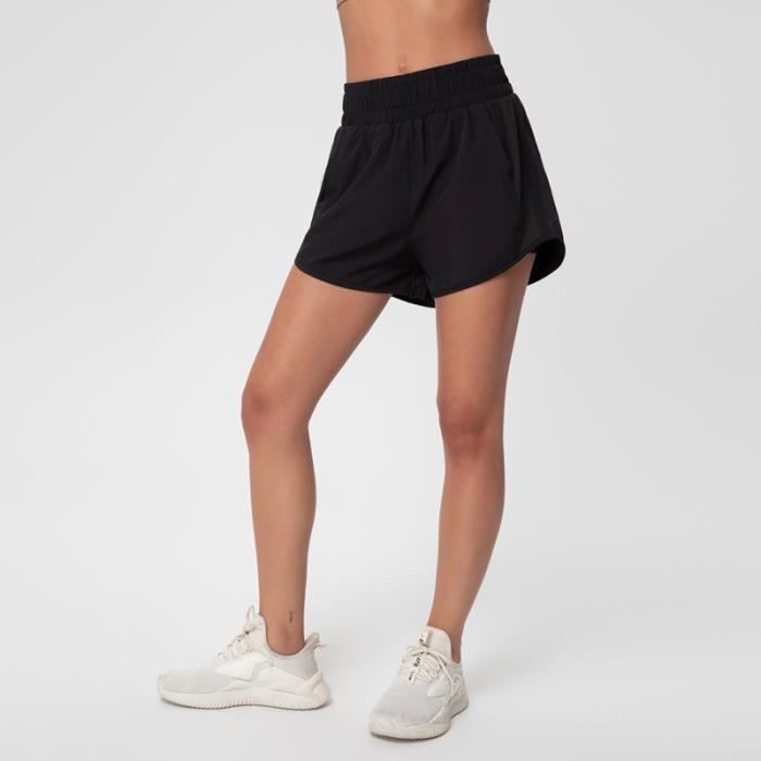 Short de Sport Femme 2 en 1 Yoga Taille Haute Elastique Noir Pour Fitness Gym
