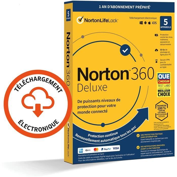 Norton™ 360 Deluxe 50GB 2022 |5 Appareils | 1 An d'Abonnement | Secure VPN -Envoyé par mail