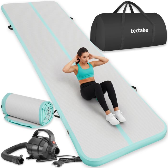 Tapis de sol - TECTAKE - Tapis de gymnastique AIRFLEXY gonflable avec pompe électrique et poignées 397 x 104 x 10 cm - Gris/Bleu