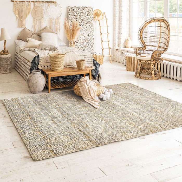 Tapis tressé en jute motifs losanges en relief naturel 120x170 - style bohème