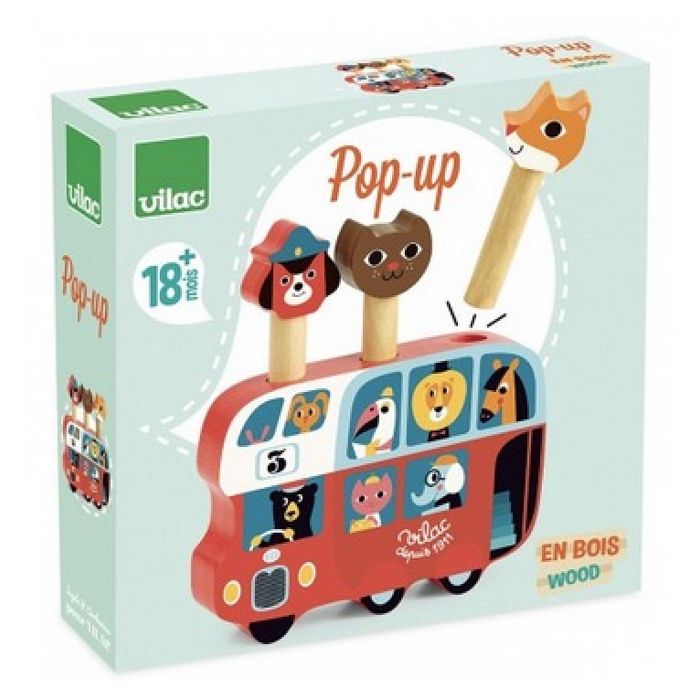 Pop-up Autobus - VILAC - Jouet d'éveil en bois pour enfant de 3 ans et plus - Trois personnages sauteurs