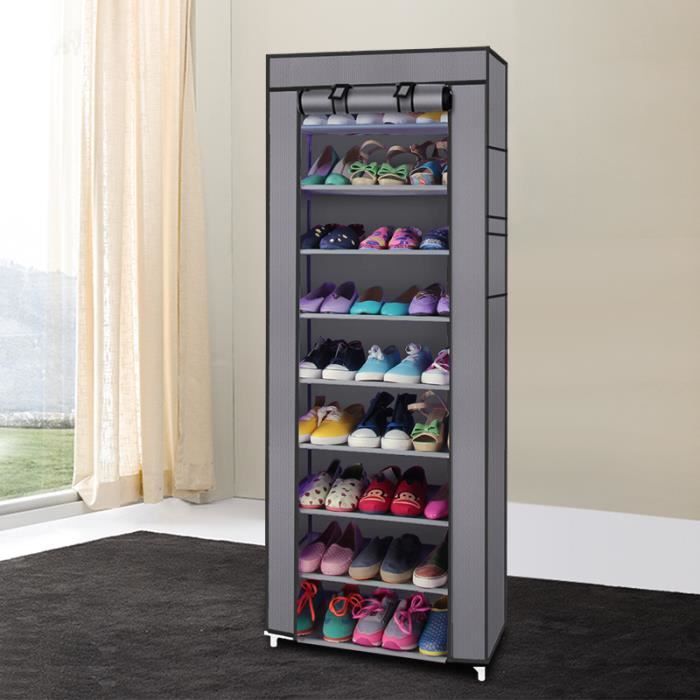 armoire à chaussures, étagère à chaussures en tissu non tissé , 10 niveaux, 9 grilles- gris