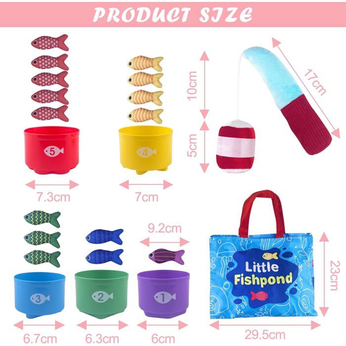Jeu De Pêche Montessori Pour Bébé 1-3 Ans - 22 Pièces : 15 Poissons En Tissu, 1 Canne à Pêche Velcro, 5 Seaux Empilables, Tapis De Rangement