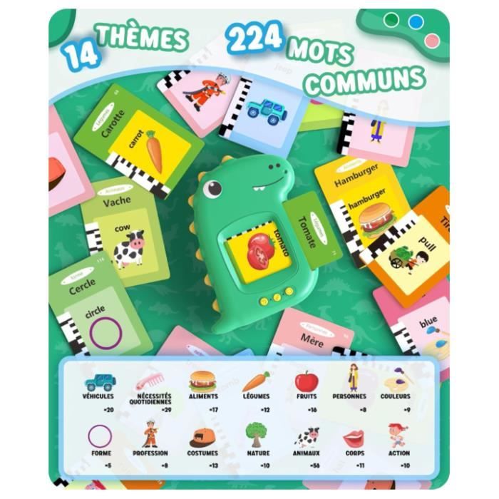 YAZAK – Cartes Flash Parlantes Français Standard, 224 Mots, 16 Thèmes, Lecteur De Dinosaure Vert, Sac De Rangement Inclus