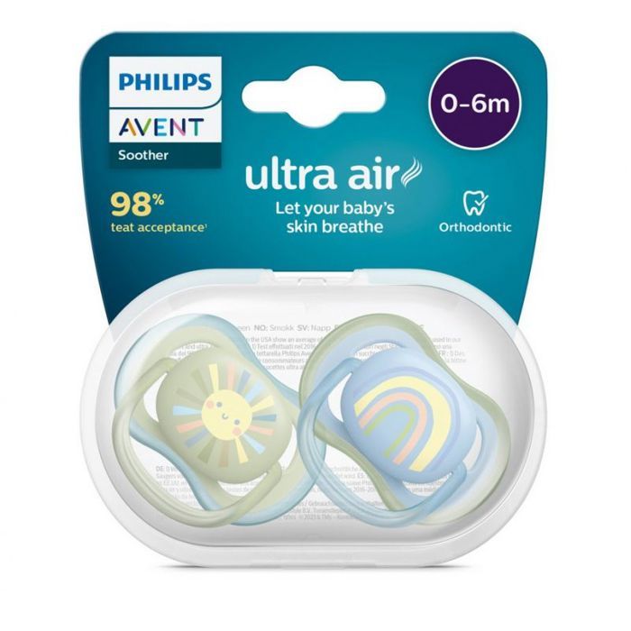 Sucettes Philips Avent ULTRA Air - 2 Pièces Bleu/vert - 6 à 18 Mois - Téterelle Silicone Aérée Pour Peau Qui Respire - 2