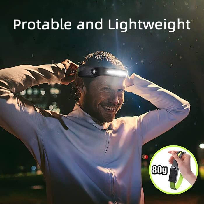 Lampe Frontale Rechargeable Avec 5 Lumières et 6 Modes, Lumière Mains