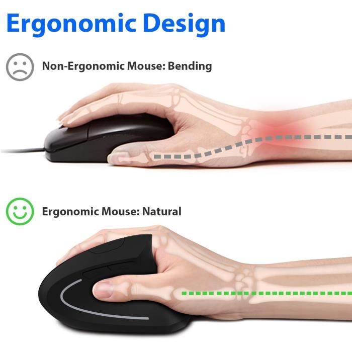 Souris Verticale Ergonomique Sans Fil - Bluetooth 5.0/4.0 Et 2.4GHz, 6 Boutons, DPI Réglable