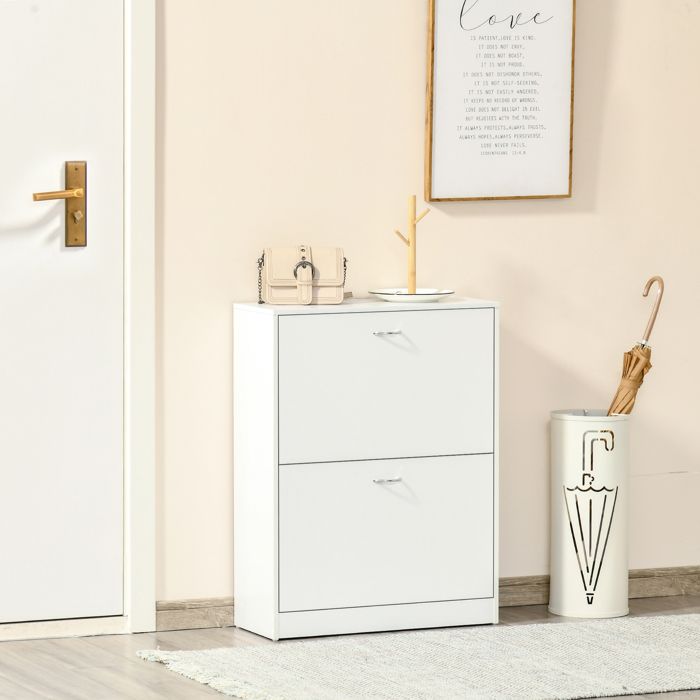 Homcom - Armoire à Chaussures 2 Portes Abattantes 2 Compartiments Poignees Coquilles Metal Mdf Noir Chene Clair Homcom - Armoire à Chaussures 2 Portes Abattantes 2 Compartiments Poignees Coquilles Metal Mdf Noir Chene Clair