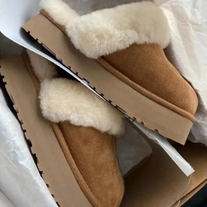 Pantoufles Fourrure Hiver Femmes - Bottes Chaudes Plateforme Noires