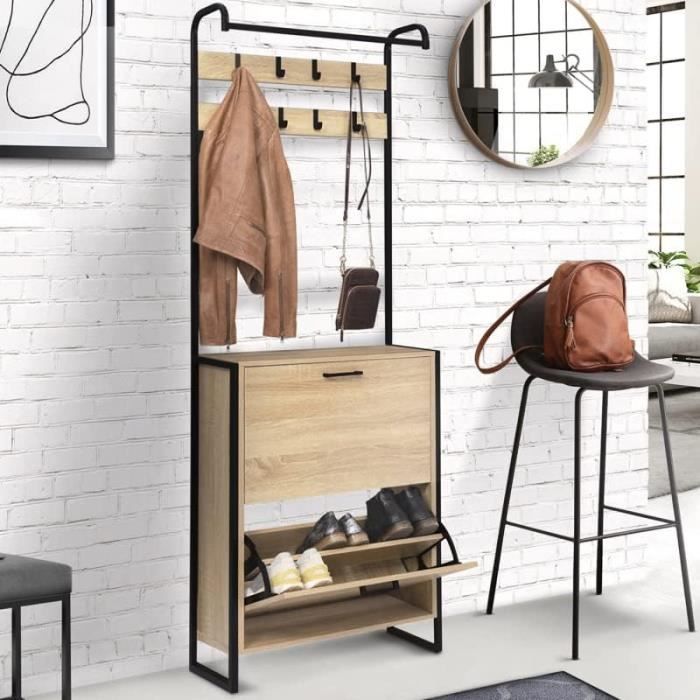 IDMarket Vestiaire D'Entrée ESTER - Meuble Chaussures 2 Portes Métal Noir Avec Patères