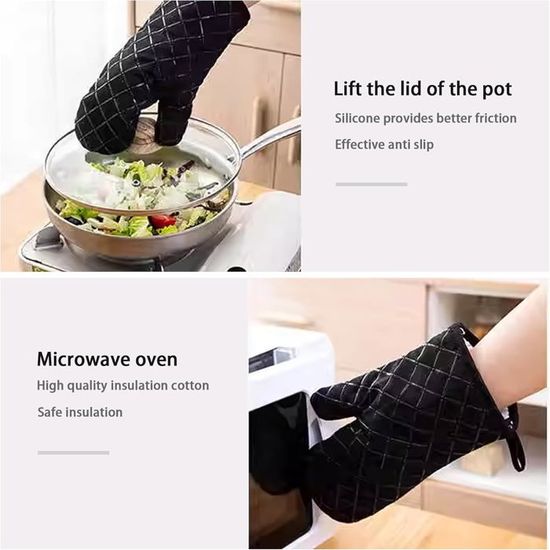 Gants De Four Doublés Matelassés - 100% Coton - Protection Chaud - Rayures (Noir) - 5