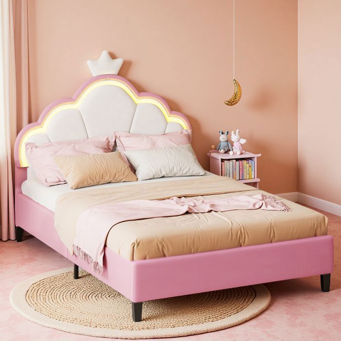 Lit Enfant 90x200 Cm Avec Tête De Lit Papillon Et LED Intégrées - Cadre Métallique, Tiroir De Rangement