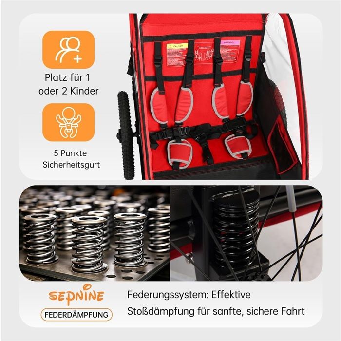 Remorque Vélo 2 En 1 Pour 1-2 Enfants - Transformable En Poussette - Suspension, Pneus Air, Harnais 5 Points