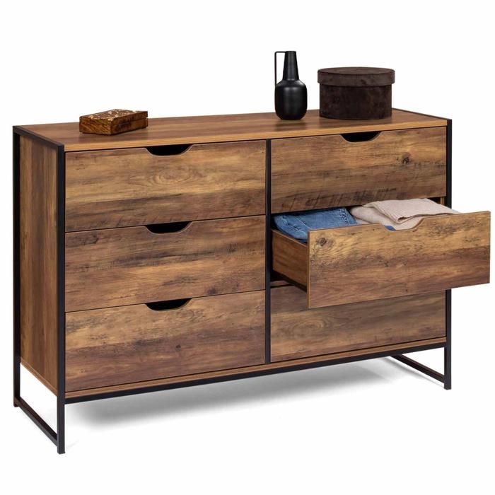 IDMarket Commode 6 Tiroirs Onyx 115 Cm - Style Industriel Bois Et Noir