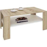 Table basse LORIENT, table de salon rectangulaire avec 1 étagère espace de rangement ouvert, en mélaminé décor chêne sonoma et blanc