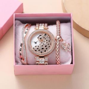 MONTRE Coffret Montre Femme + Bracelet – Diamant Léopard Papillon Mode Personnalité Bracelet En Acier Luxe Doré