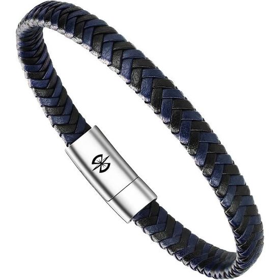 Bracelet Homme En Cuir Véritable Et Pierre Naturelle - Fermeture Magnétique, Design Tissé, Cadeau Idéal - 9