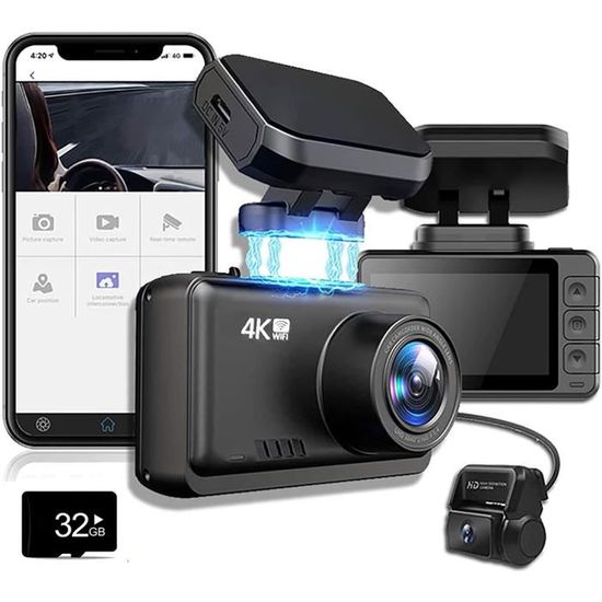 Caméra De Voiture Avant Et Arrière Dashcam avec WiFi, GPS, Grand Angle 170 °, Vision Nocturne, Capteur G, W , Enregistrement en 282