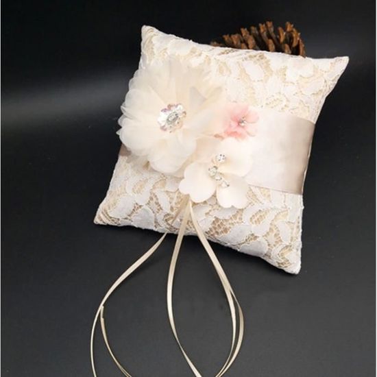 Coussin D'Alliances Mariage - Oreiller Bagues Blanc Avec Motif Rose - 21x21x13 Cm - Coton & Polyester