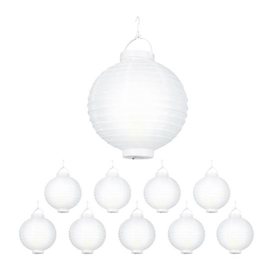 Relaxdays Lampion chinois LED abat-jour papier lanterne boule 20 cm rond décoration set de 10 à piles, blanc - 4052025243517