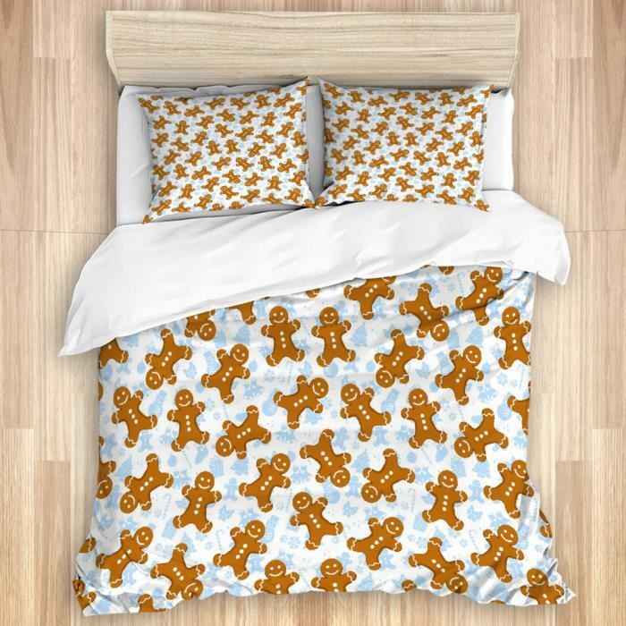 Housse De Couette Noël Bonhomme En Pain D'épice 200x200 Cm + 2 Taies - Microfibre Douce, Lavable En Machine - Décoration Chambre Fêtes