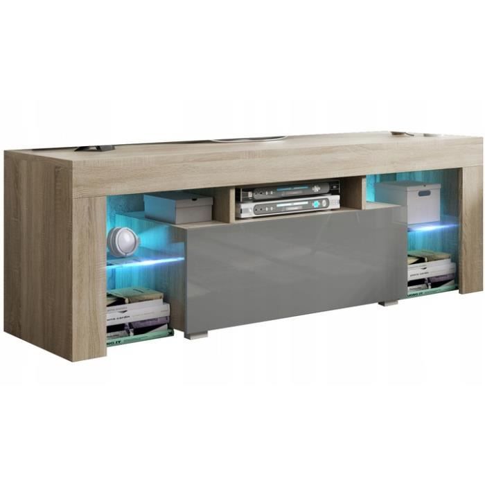 Meuble tv 130 cm aspect chêne sonoma / gris brillant + led rgb