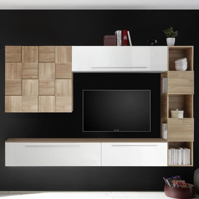 Meuble TV suspendu blanc et couleur bois clair MARCONIA Blanc L 266 x P 35 x H 200 cm