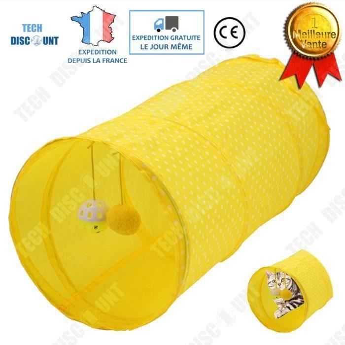 TD Tunnel pour chat adulte jouet jardin jaune deux voies pliable chaton chiot lapin avec deux boules suspendues litière polyester