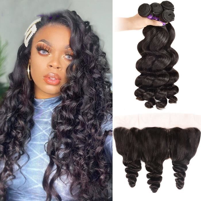 Lots de 3 Mèches cheveux malaisiens naturelles Loose Deep Wave, avec Lace Frontal-10-10-10-+8-