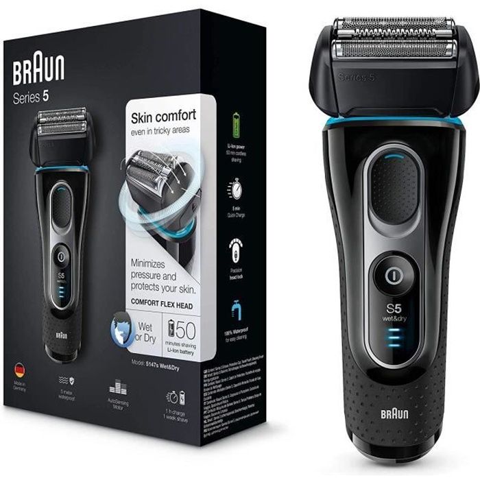 Braun Series5 5147s Rasoir Électrique Homme, Wet&Dry, Tondeuse De Précision Rétractable, Rasoir Barbe Rechargeable Sans Fil Noir/Bl