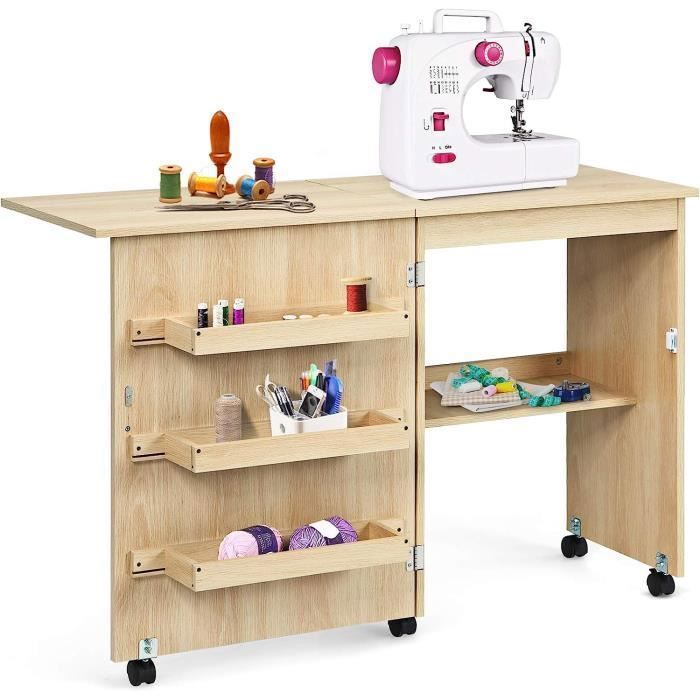 GOPLUS Table pour Machine à Coudre Pliable,Meuble Machine à Coudre,4 Etagères de Rangement,Brun Clair