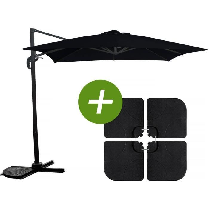 Parasol jardin déporté -Soleil- - Carré - 2.5 x 2.5 m - Noir + Dalles à lester incluses